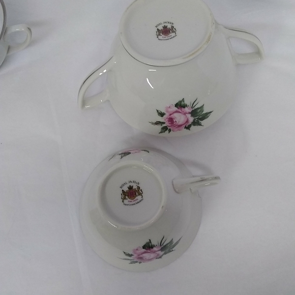Royal Jackson Fine china 3 Cups 1 Sugar Dish 5pc Pink Rose w/ Silver Trim Patt.. - Picture 3 of 11